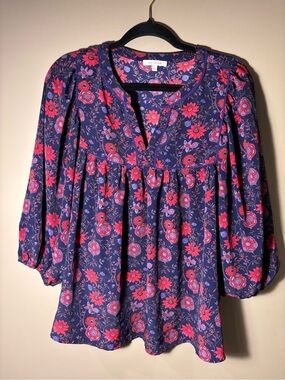 Cottagecore Women’s Floral Peasant Blouse - Navy with Pink Floral